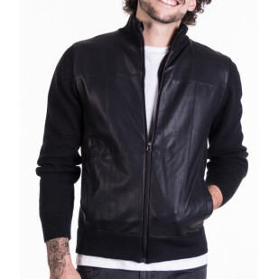fake leather front full zipper sweater